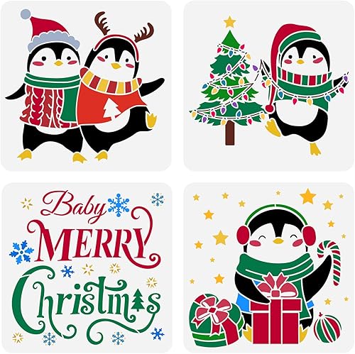 FINGERINSPIRE 4 plantillas de pintura de pingüino de Navidad de 11.8 x 11.8 pulgadas, plantilla de dibujo reutilizable de Feliz Navidad, plantilla
