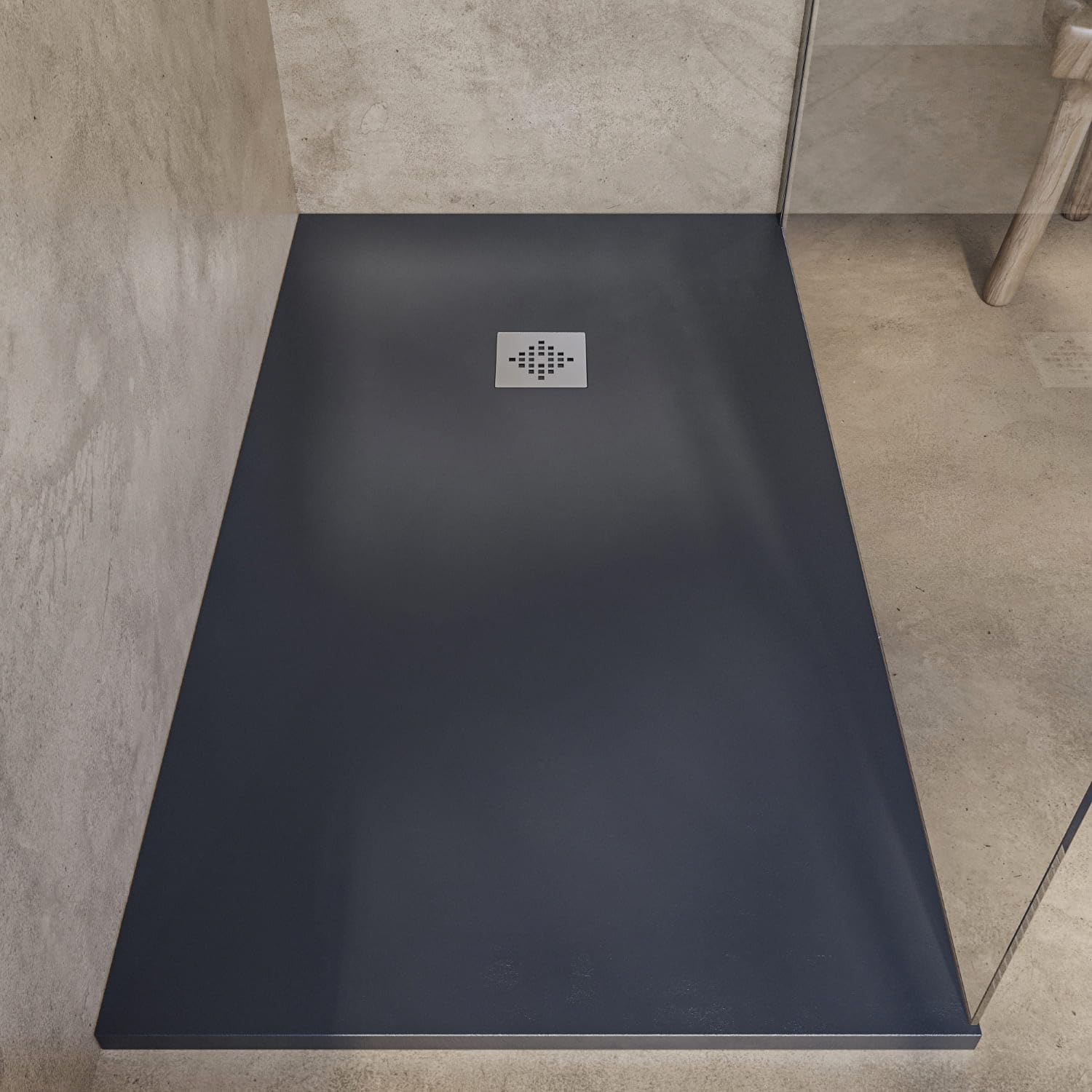 SOULHOME Brodzik prysznicowy– Żywica– Gel Coat– Gładka/Kamienna tekstura – Antypoślizgowy – Kolor antracytowy – 130x100- Niski 3 cm– Z dodatkowym syfonem – Standard