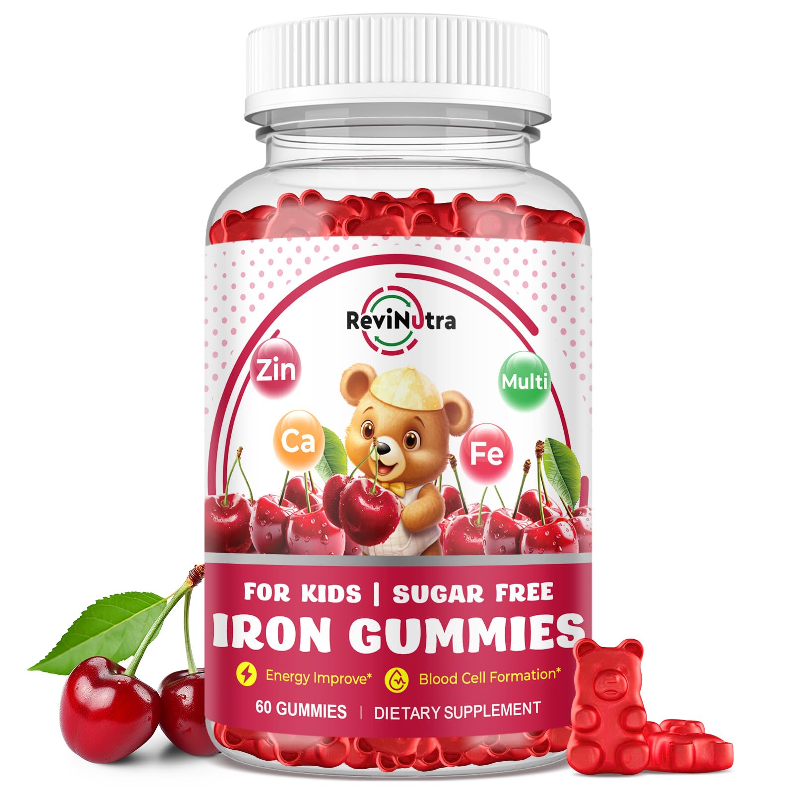 Iron Supplement Gummies for Kids - with Calcium, Zinc, Kids Multivitamin with Iron Gummies - Immune Support, Blood Builder & Energy Support for Iron Deficiency, Anemia, Cherry Flavor, 60 Gummies Cherry 60 Count (Pack of 1)