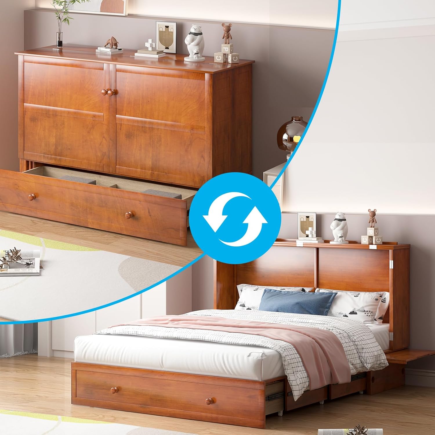 Mjkone Murphy Bed Queen Cabinet Bed with Tri-fold Mattress and Built-in USB Charging & 2 Drawers & Bedside Panel, Hidden Guest Beds, Murphy Cube Chest Cabinet Beds for Bedroom/Apartment - Cherry