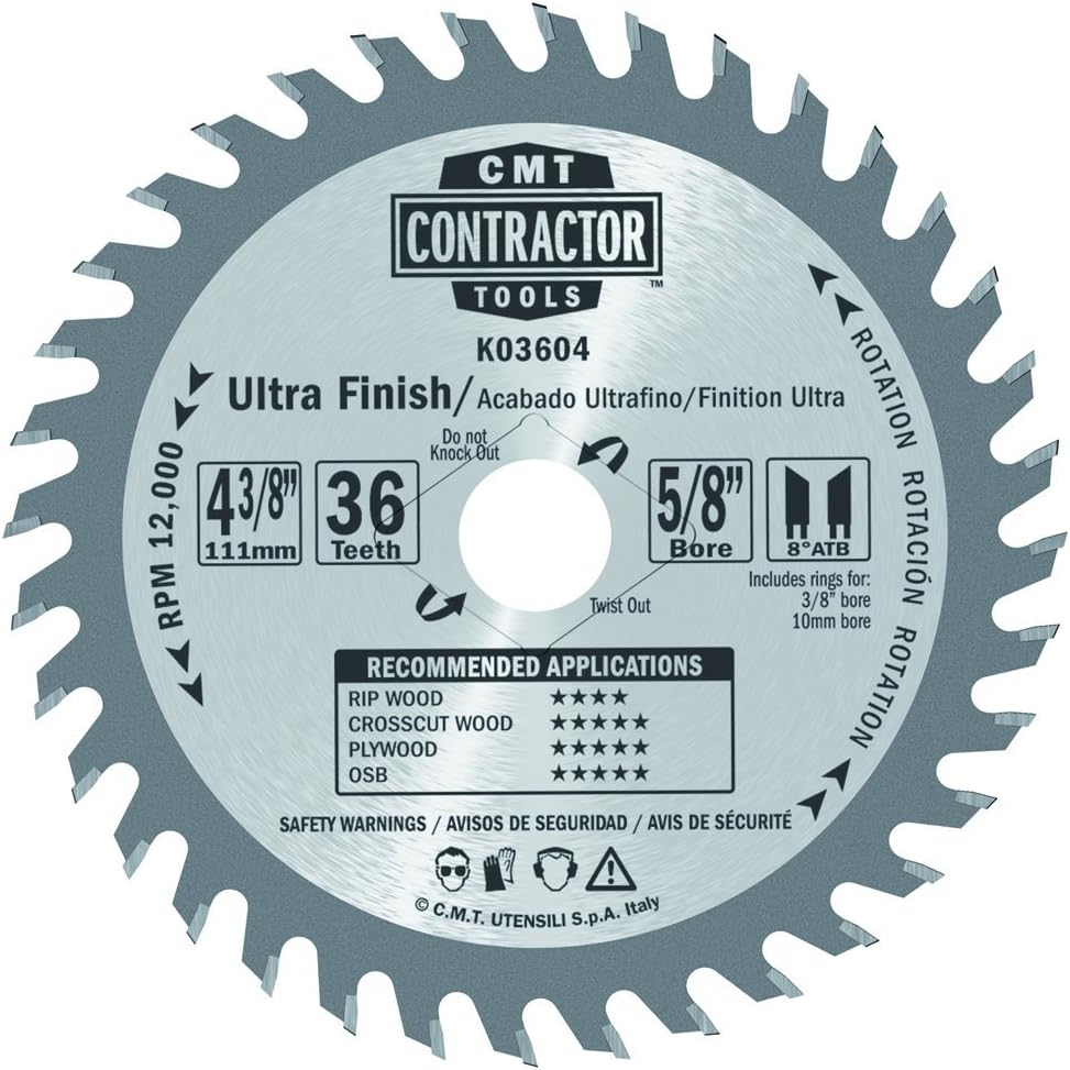 CMT K03604 ITK Contractor Ultra Finish Saw Blade and 4-3/8 X 36 Teeth, 8-Degree ATB with 5/8-Inch Bore