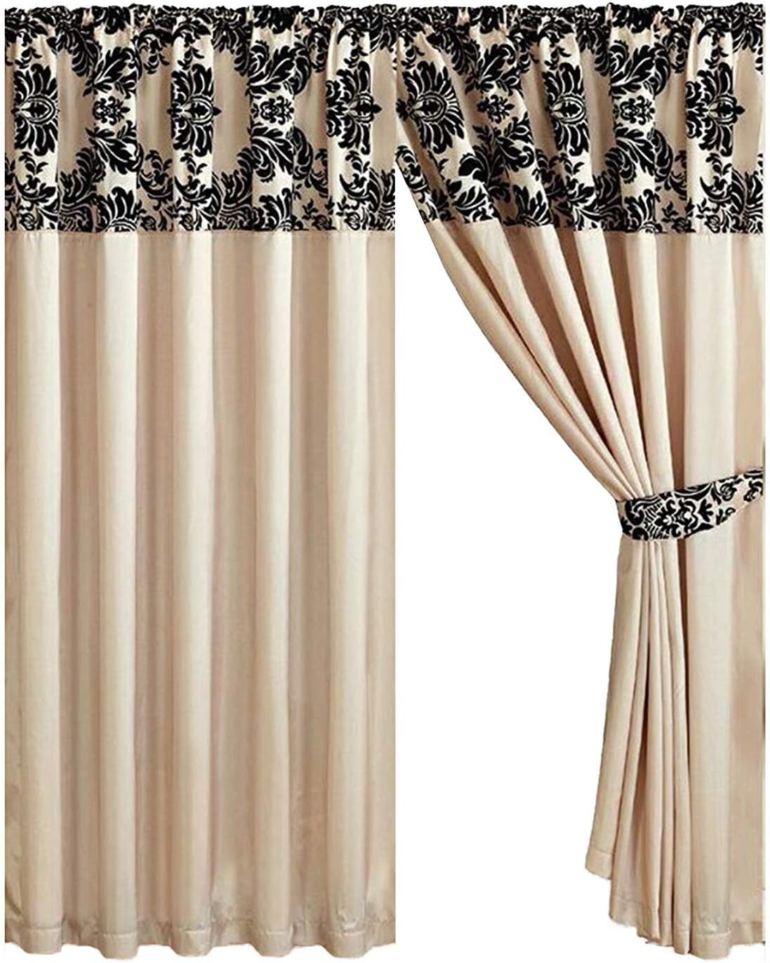 M Premier Half Flock With Plain Design Damask Pencil Pleat Curtains - Cream Black (66" X 72" (163cm X 183cm))