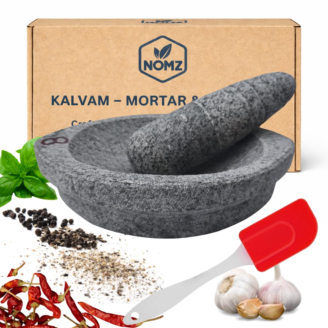 NOMZ Stone Mortar and Pestle Set (Kalvam) 8 Inch Boat Shape, 2.8 Kg, 1 Cup | Handmade Silbatta for Chutney and Masala | Heavy Duty Khalbatta with Anti-Skid Base