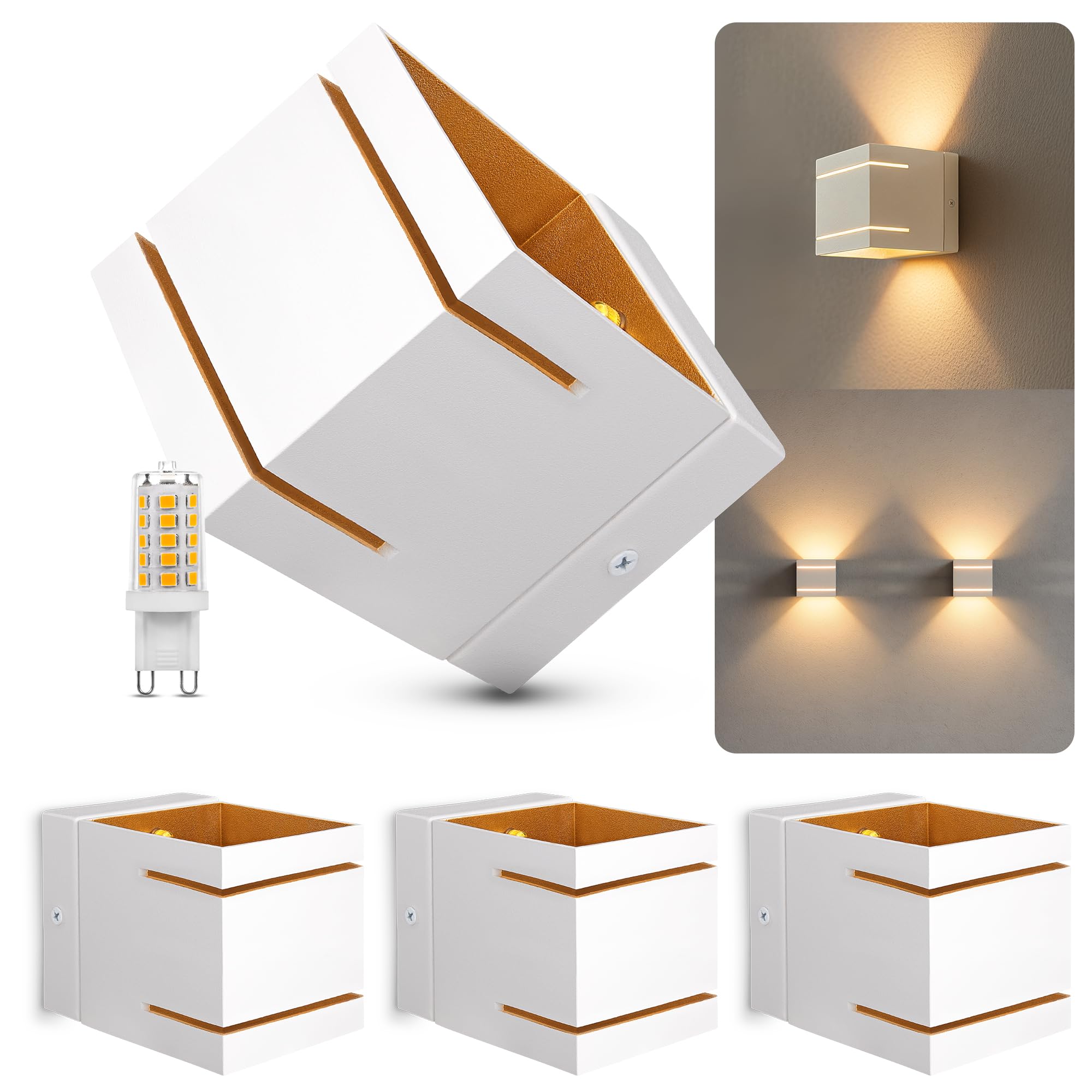 SSC-LUXon 4x KOURA DUO Wandlampe weiß Up & Down – Wandleuchte mit G9 3W Licht warmweiß – Diffuser Lichteffekt für indirekte Wandbeleuchtung