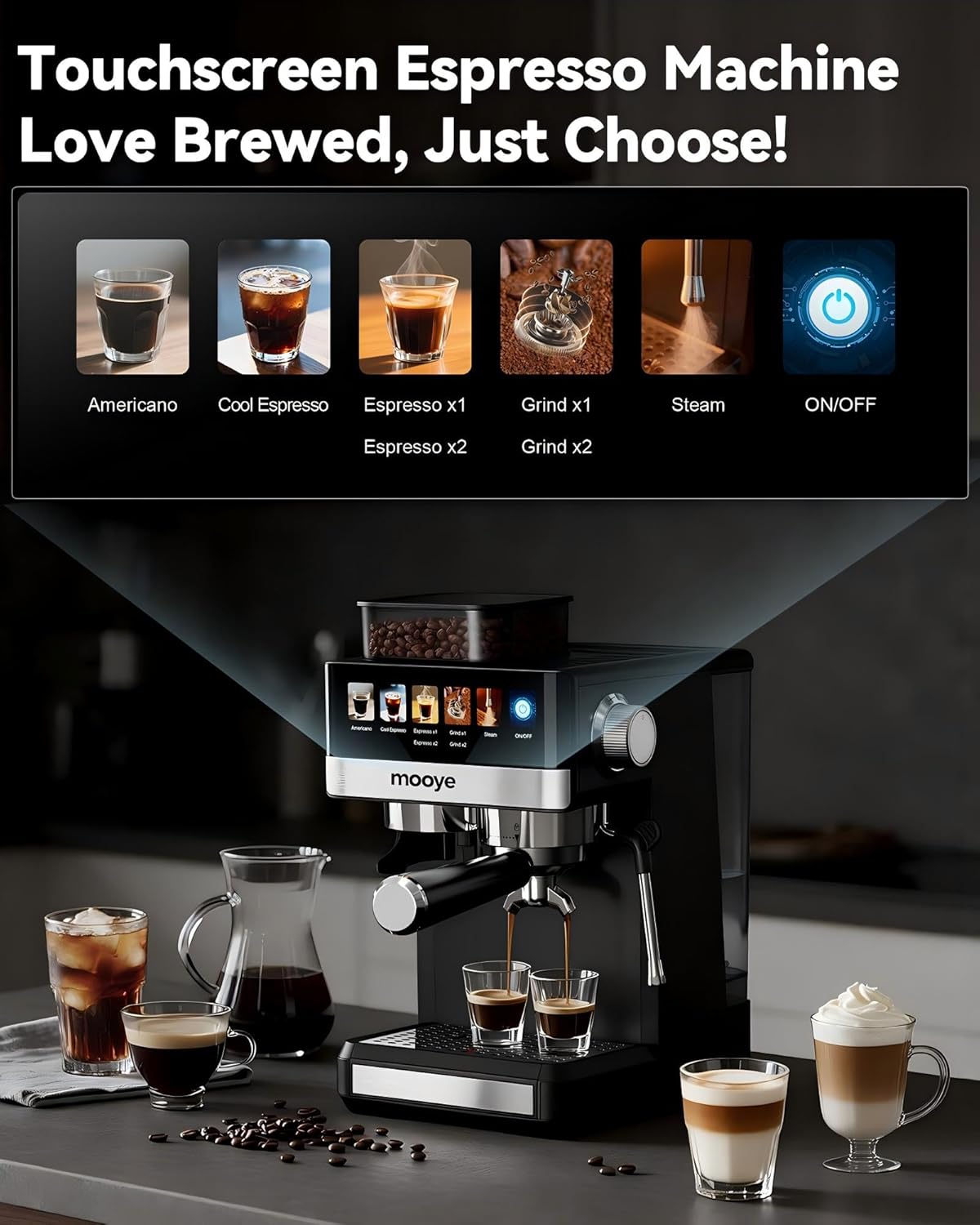 Espresso Machine with Grinder,20Bar Compact Espresso Maker with Steam Milk Frother,Coffee Maker for Home - Cappuccino Latte & Cold Brew Iced Coffee Maker & Americano, Gift for Women or Men thumbnail