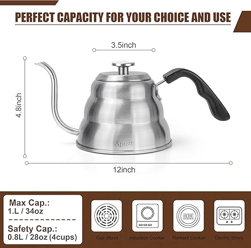 Miniatura 3 de Hervidor de agua para café y té de goteo manual con termómetro, hervidor de cuello de cisne de 28 onzas con control de flujo, hervidor de agua de