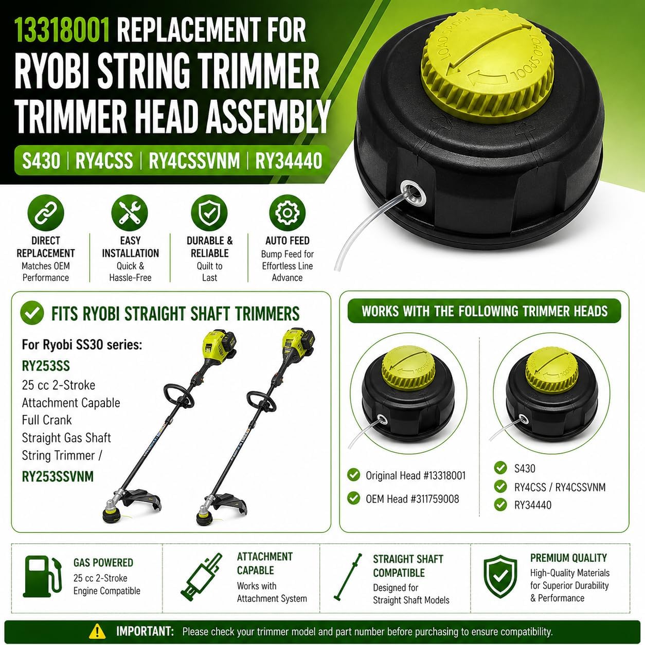 2PC Trimmer Replacement 313318001 Head for Ryobi S430 4 Cycle RY34440 RY4CSS RY4CSSVNM/EXPAND-IT Straight Shaft trimmer RYSST44 RY40ST01 RY15523A/ SS30 RY253SS/40V RY40250 RY40270 RY40290 Gas-Trimmer view 3