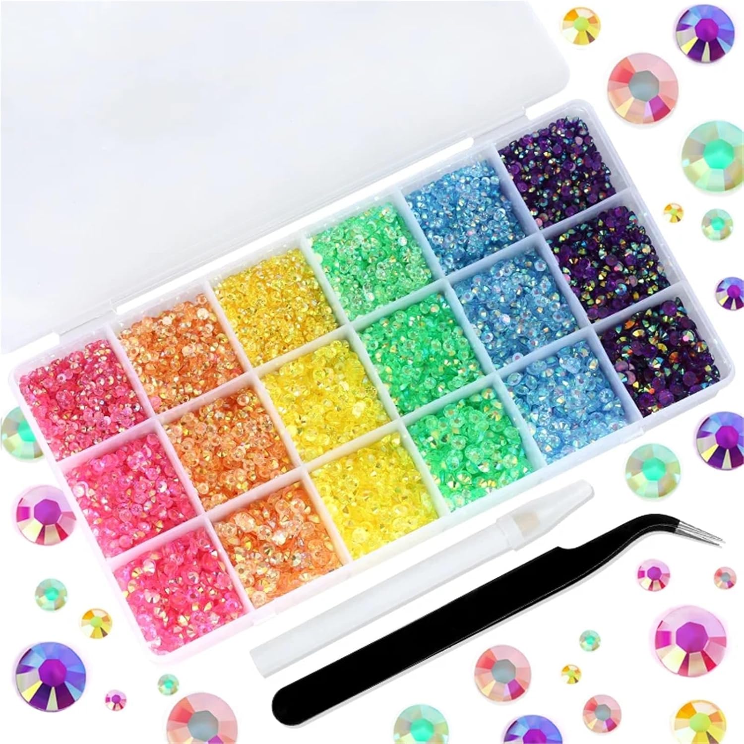Mixed Flatback Resin Rhinestones 3/4/5mm 18Grid Resin Rhinestones Tools Set Glue On Flat Back Rhinestone for DIY Nail Art(18 Grid Set B)