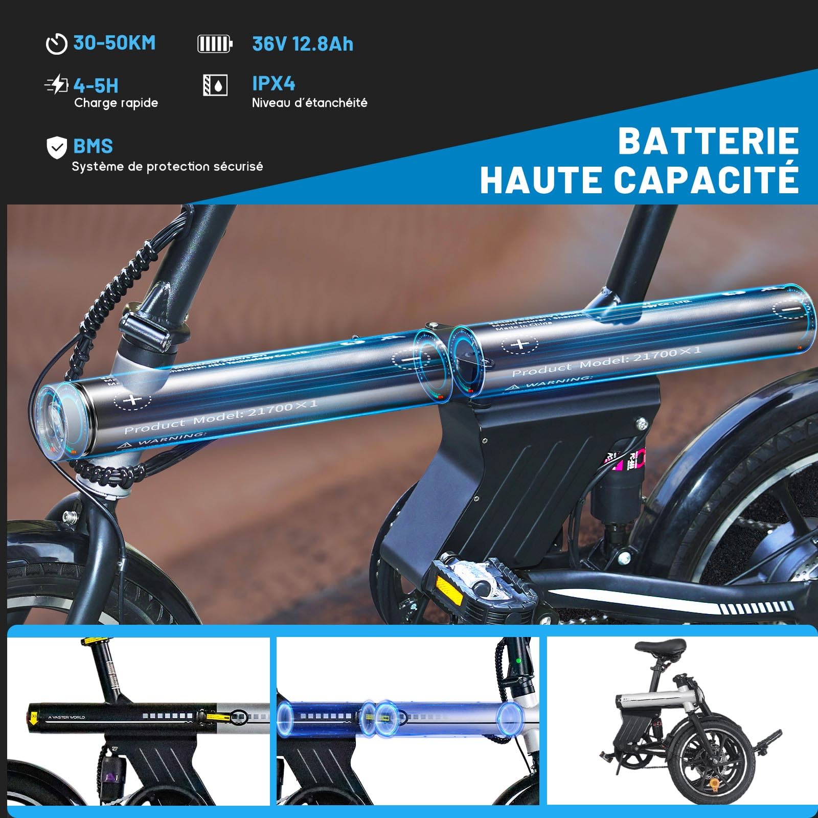 16" Vélo Électrique Adulte Ados - Autonomie 30-50km Velo Electrique Pliable,Ebike VTT Tout-Terrain,36V 12.8Ah Batterie,Double Disque E-Bike,3 Speed Modes Vélo électrique Hommes