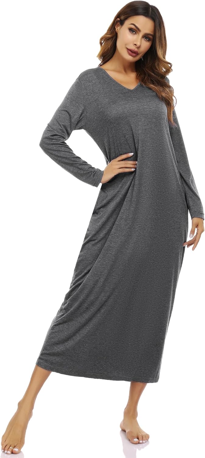 Marvmys Women Cotton Long Nightgowns Long Sleeves Nightshirts V Neck Full Length Sleep Shirts with Pocket - Image 3