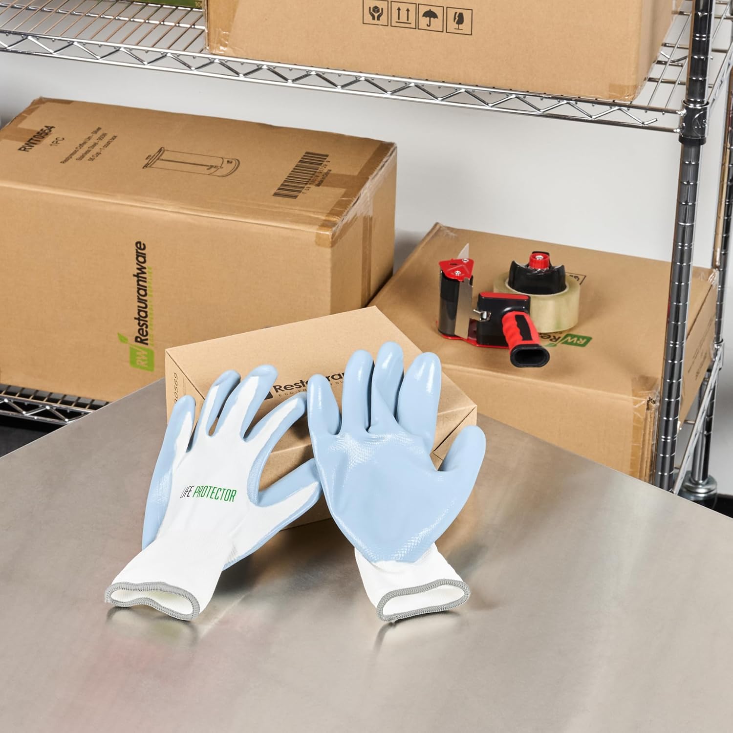 Restaurantware-Life Protector Extra Large Safety Work Gloves, 1 Pair Of Gloves With Flat Nitrile Coating On Palm And Fingertips - 15-Gauge, Excellent Grip, White Nylon Protective Handwear, Heavy-Duty