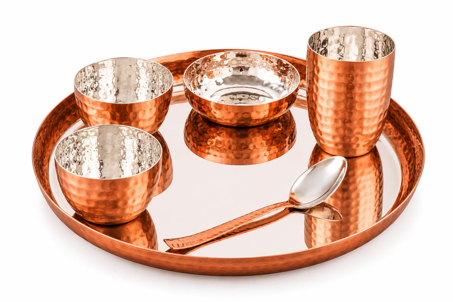 Silverglow Hammered Stainless Steel Copper Dinner Set of 6, Pure-Copper Plated Dining Set, Durable, Gift for Anniversary, Wedding, Diwali, Hotel Restaurant thali Set