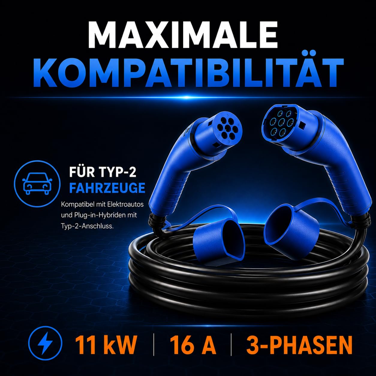 RGBer Câble de charge de type 2 11 kW 16 A 3 phases avec capuchons de protection, câble de charge pour voiture électrique conforme à la norme IEC 62196-2, pour boîte murale et station de charge