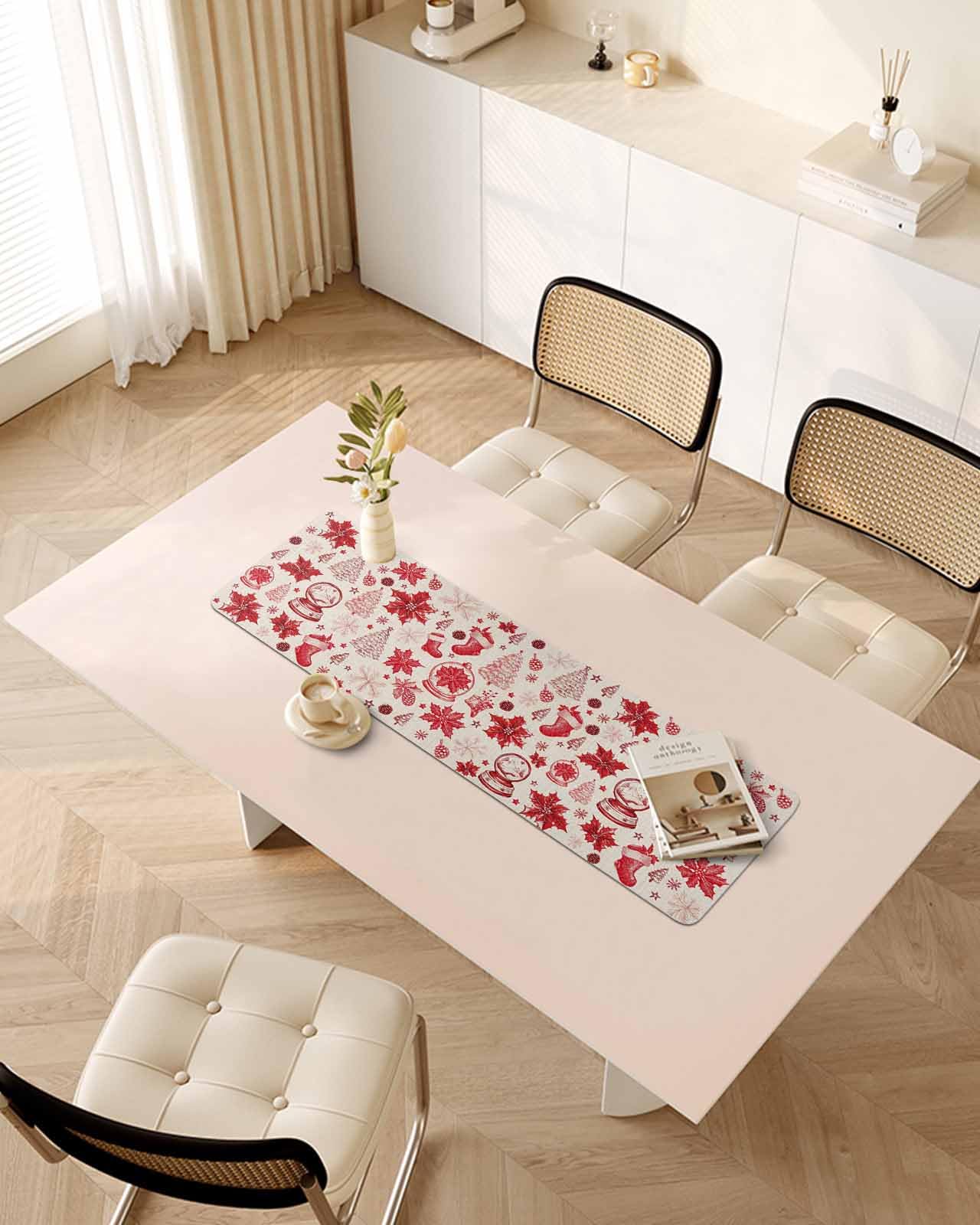 Debedcor Heat Proof Table Pads Waterproof Decorative, Beige Red Christmas Non-Slip Table Countertop Protector, Winter Xmas Tree Poinsettia Insulation Mat for Dining Room, 48 x 12 Inches