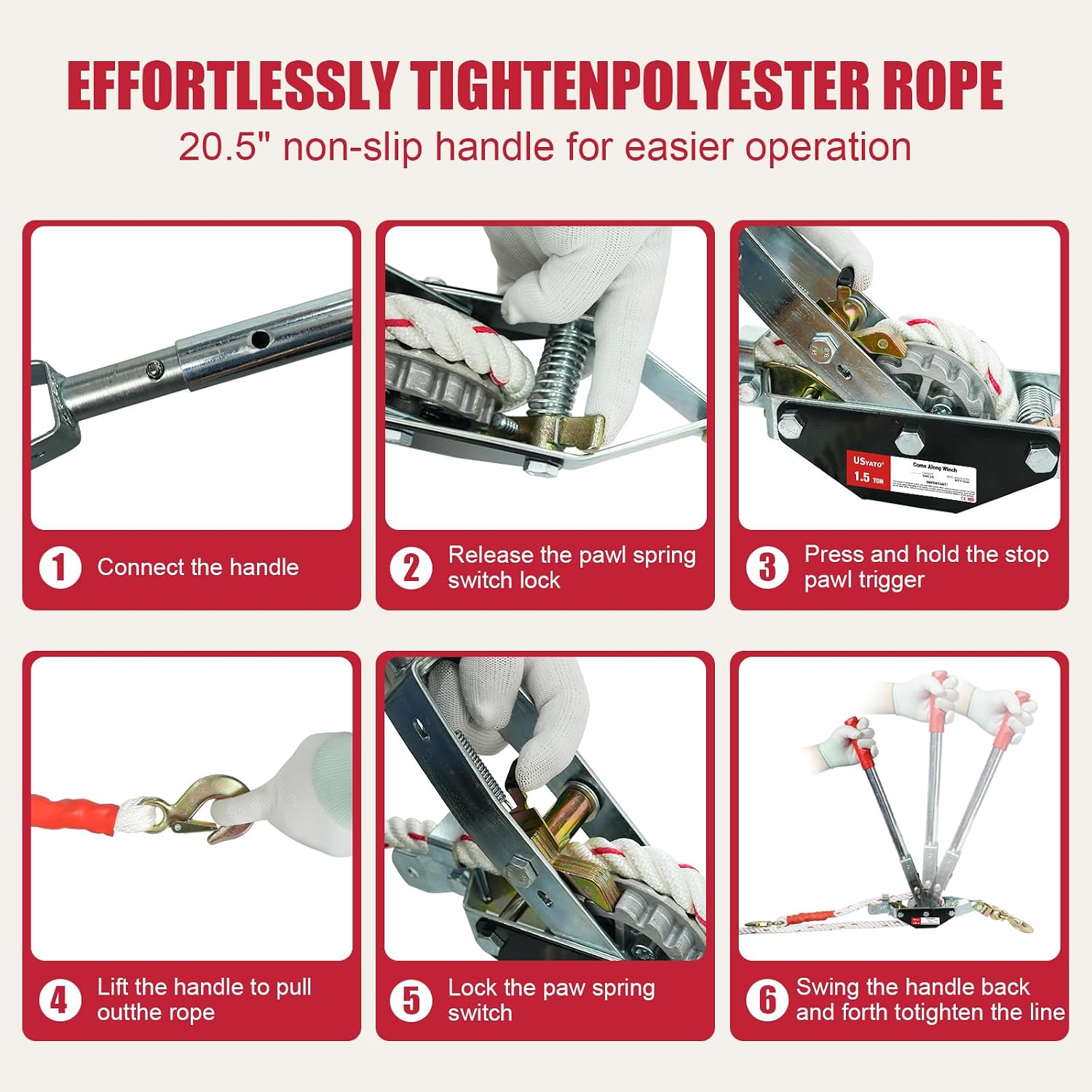 Rope Puller 3300lbs Pulling Capacity, Come Along Winch with 50' of 0.6" Rope and 2 Hooks, Heavy Duty Ratchet Power Puller for Boat Moving Log Pulling Tree Felling