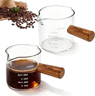 2Pcs Espresso Measuring Container Glass with Wooden Handle, 75ml V-Shaped Double Outflow Brewer, Clear Glass Foam Machine, Small Coffee Measuring Container with Scale Glass Espresso