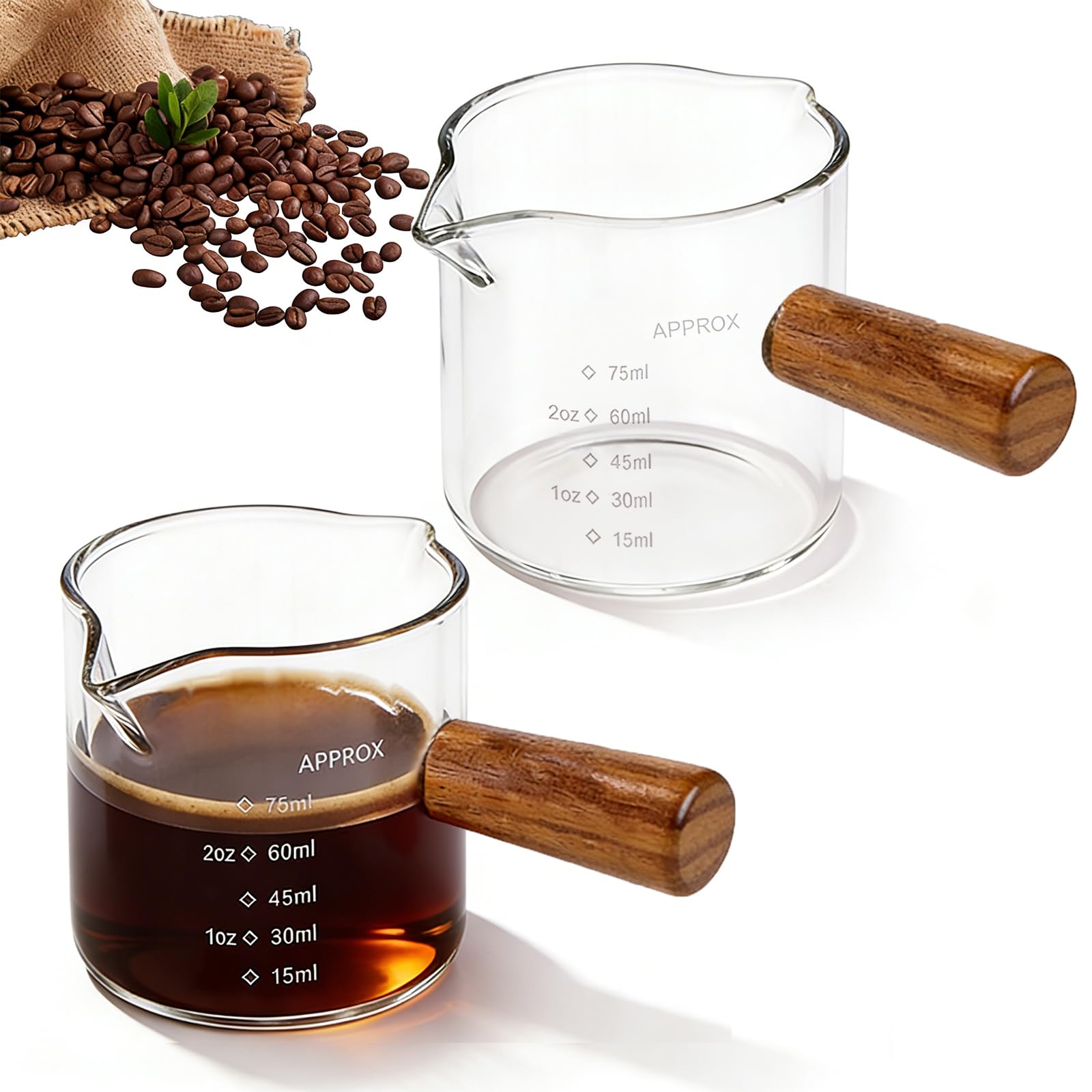 2 kubki z miarką do espresso, z drewnianym uchwytem, 75 ml, podwójny nalewak w kształcie litery V, podwójny nalewak, przezroczyste szkło, dzbanek do spieniania mleka, mały kubek do pomiaru