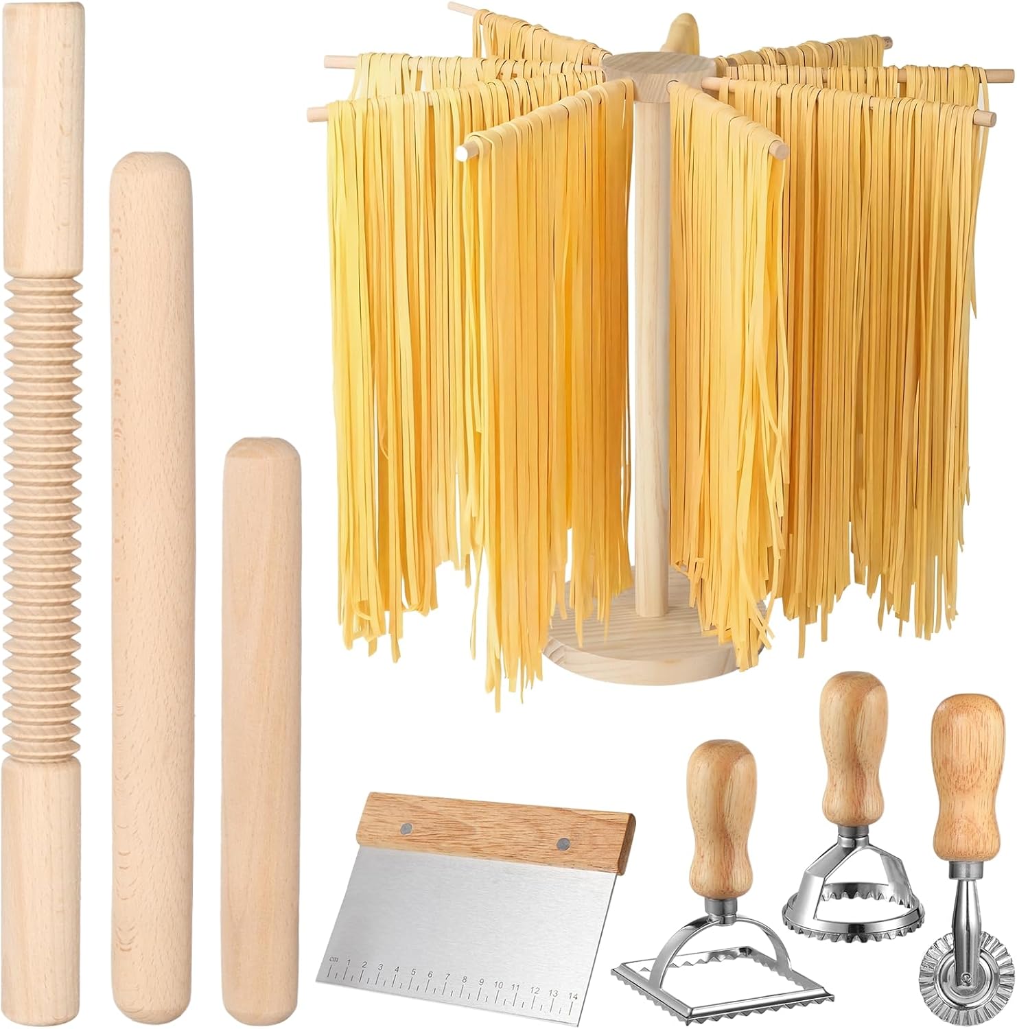 8 Pcs Pasta Making Tools, Wood Pasta Maker Kit, Includes 1 Pasta Drying Rack, 3 Rolling Pins, 1 Dough Cutter, 2 Pasta Stamps, and 1 Ravioli Cutter, Homemade Pasta Making Supplies