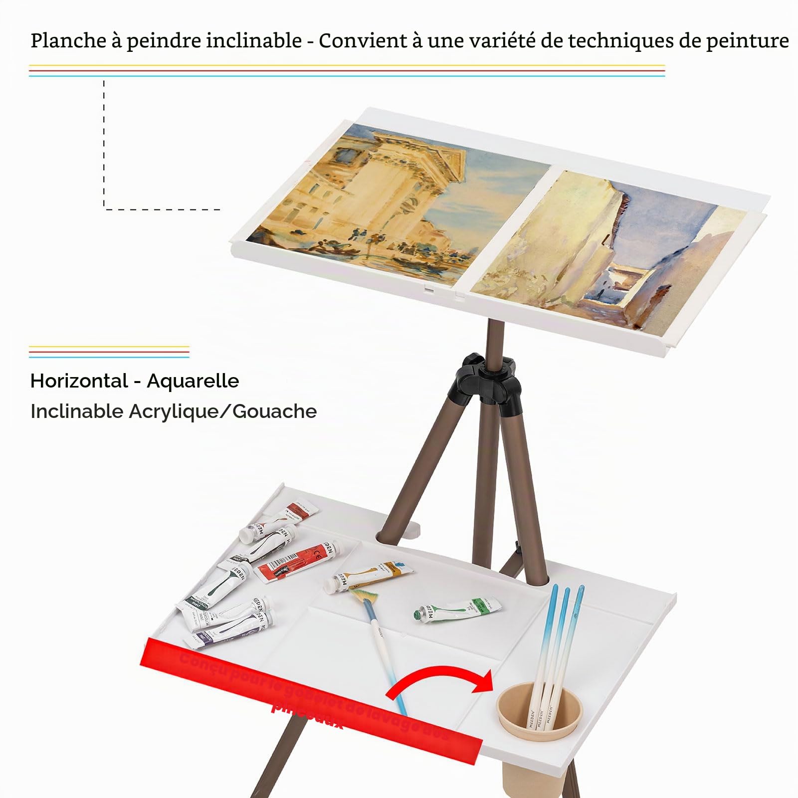 MEEDEN Chevalet de Peinture pour Aquarelle: Trépied Portable pour Voyage - Pliable pour Adulte Débutant et Artiste