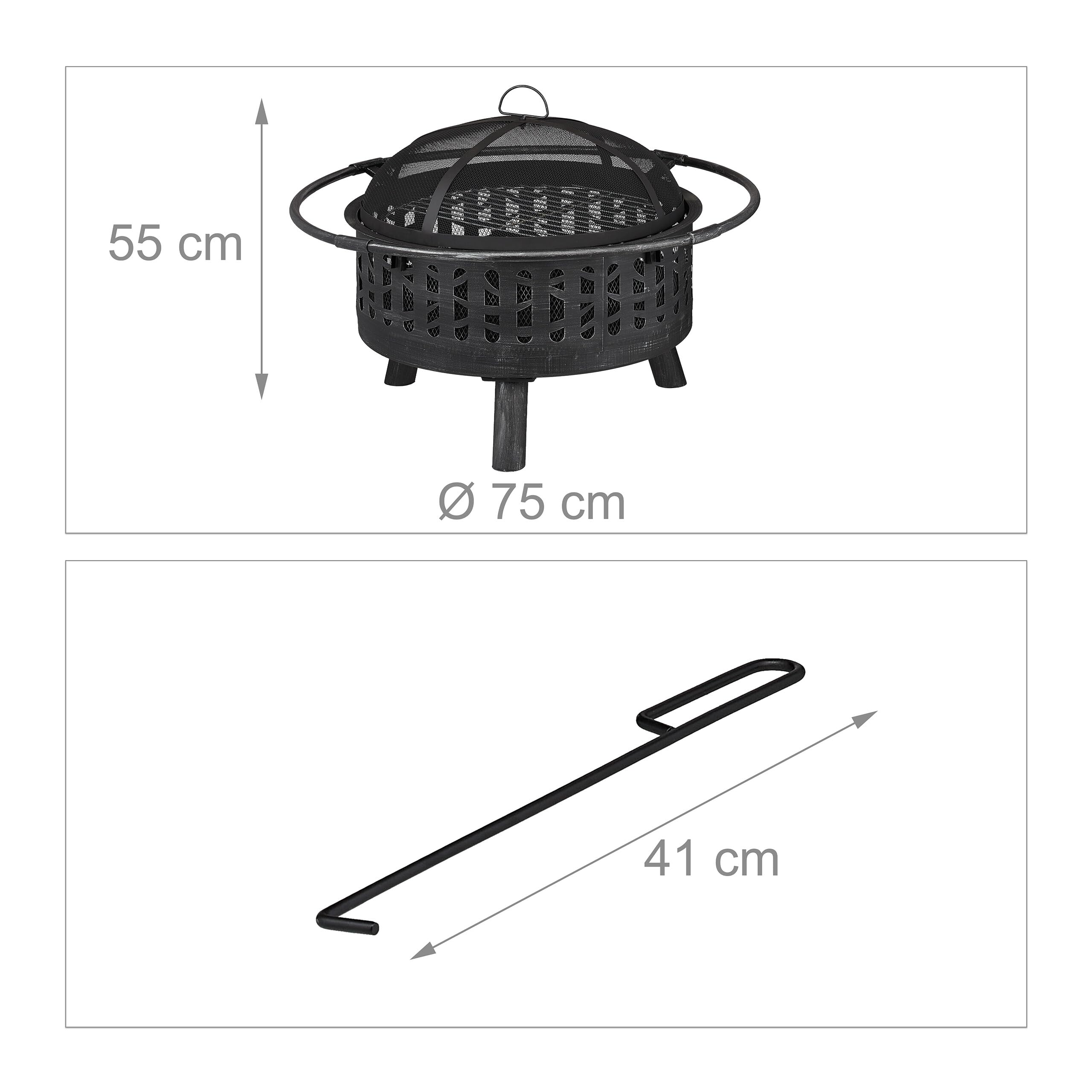 Relaxdays Palenisko z rusztem do grillowania i ochroną przed iskrami, pogrzebacz, ruszt węglowy, Ø 75 cm, palenisko ogrodowe, czarne/srebrne