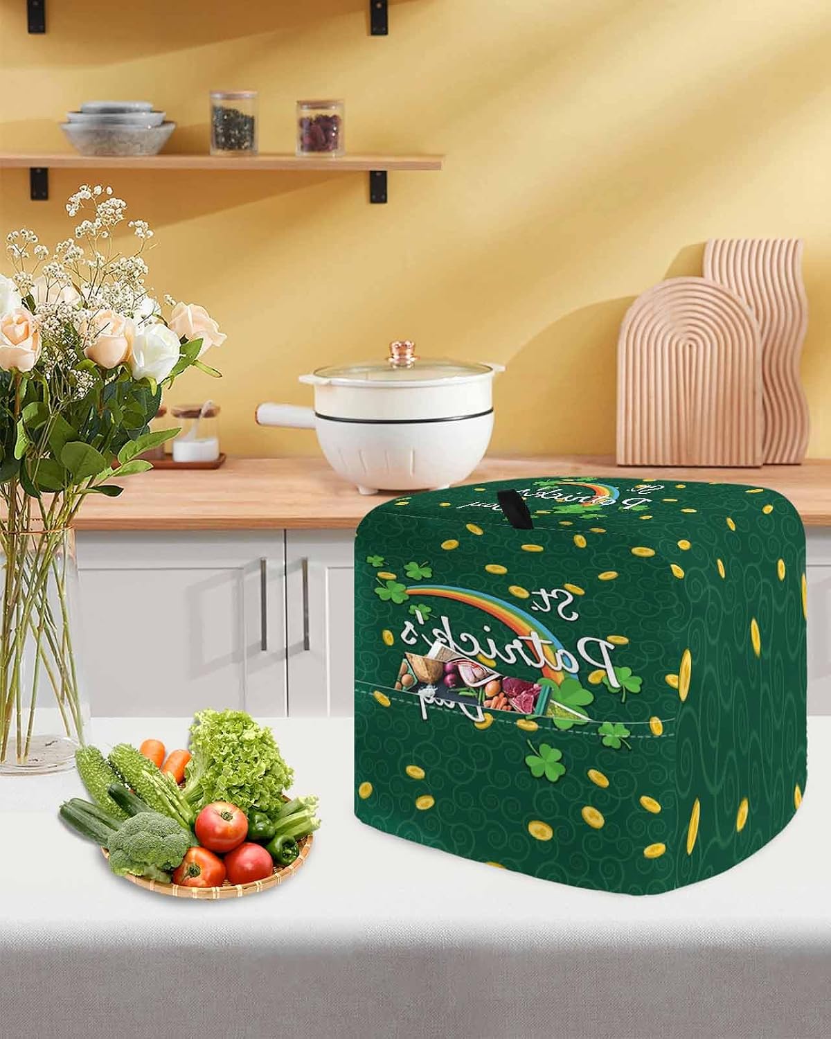 St. Patrick's Day Stand Mixer Cover with Storage Pocket, Waterproof Kitchen Mixer Covers, Green Shamrock Rainbow Gold Coin Simple Kitchen Appliance Dust Cover Compatible with 4/4.5 Quart Mixers