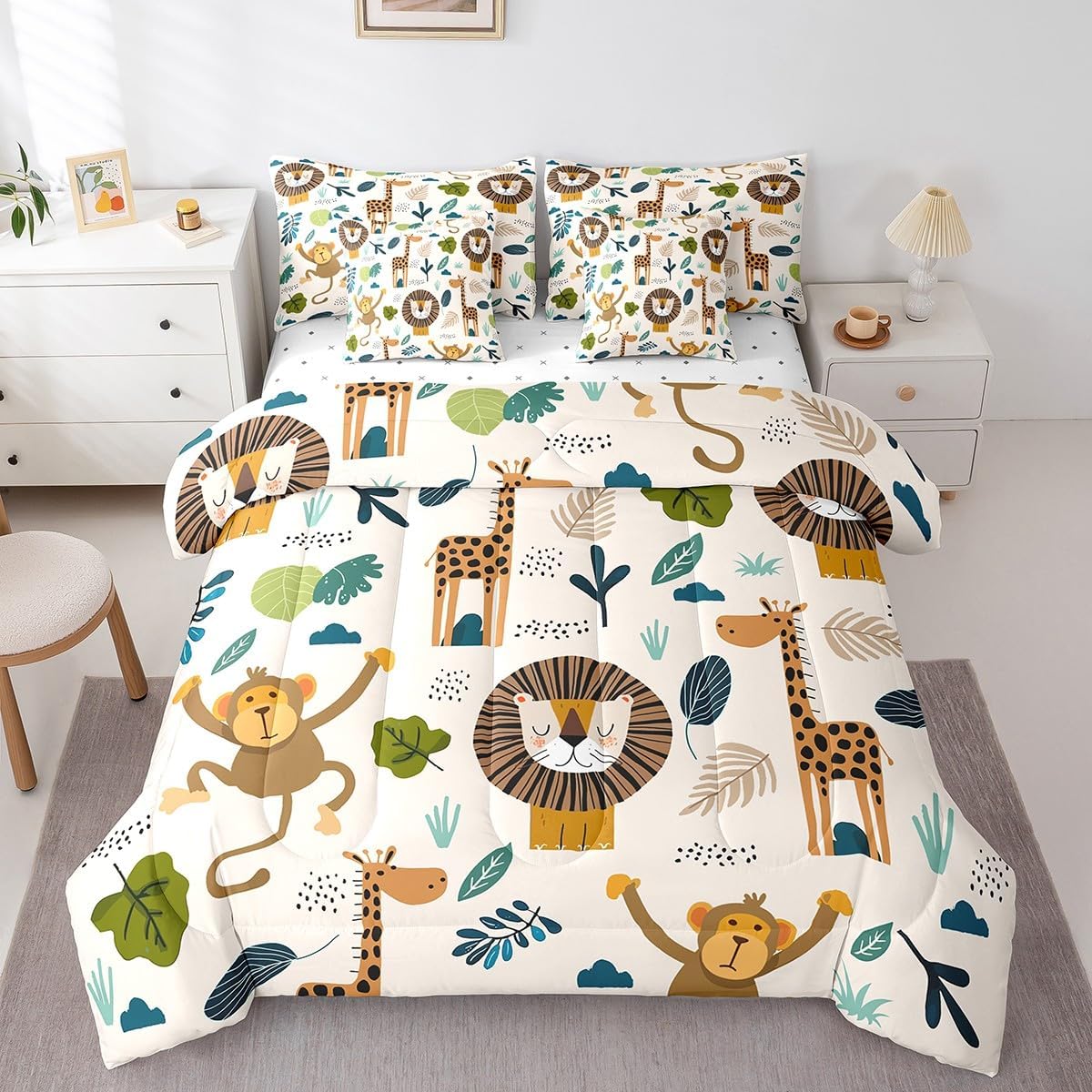 Feelyou Safari Animals 7 Piece Bedding Set Queen, Cartoon Lion Giraffe Comforter Set with Sheets Cute Monkey Bed in a Bag for Kids Nature Wildlife Bed Set