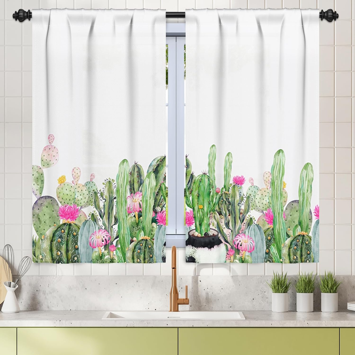Renaiss 26 x 45 Inch Cactus Short Kitchen Curtains for Half Window Tropical Desert Succulent Blossom Farmhous Cafe Small Window Curtains Rustic Flowers Linen Curtain for Bathroom Basement 2 Panels