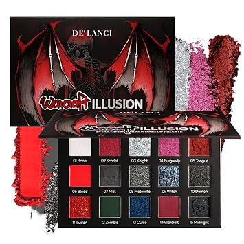 DELANCI Red Black Goth Eyeshadow Palette, Red Eyeshadow Goth Makeup Palette, Gray Silver Shimmer Glitter Eye shadow Pallet, Burgundy Eye Shadow for Vampire Clown Halloween Makeup,High Pigment,Vegan