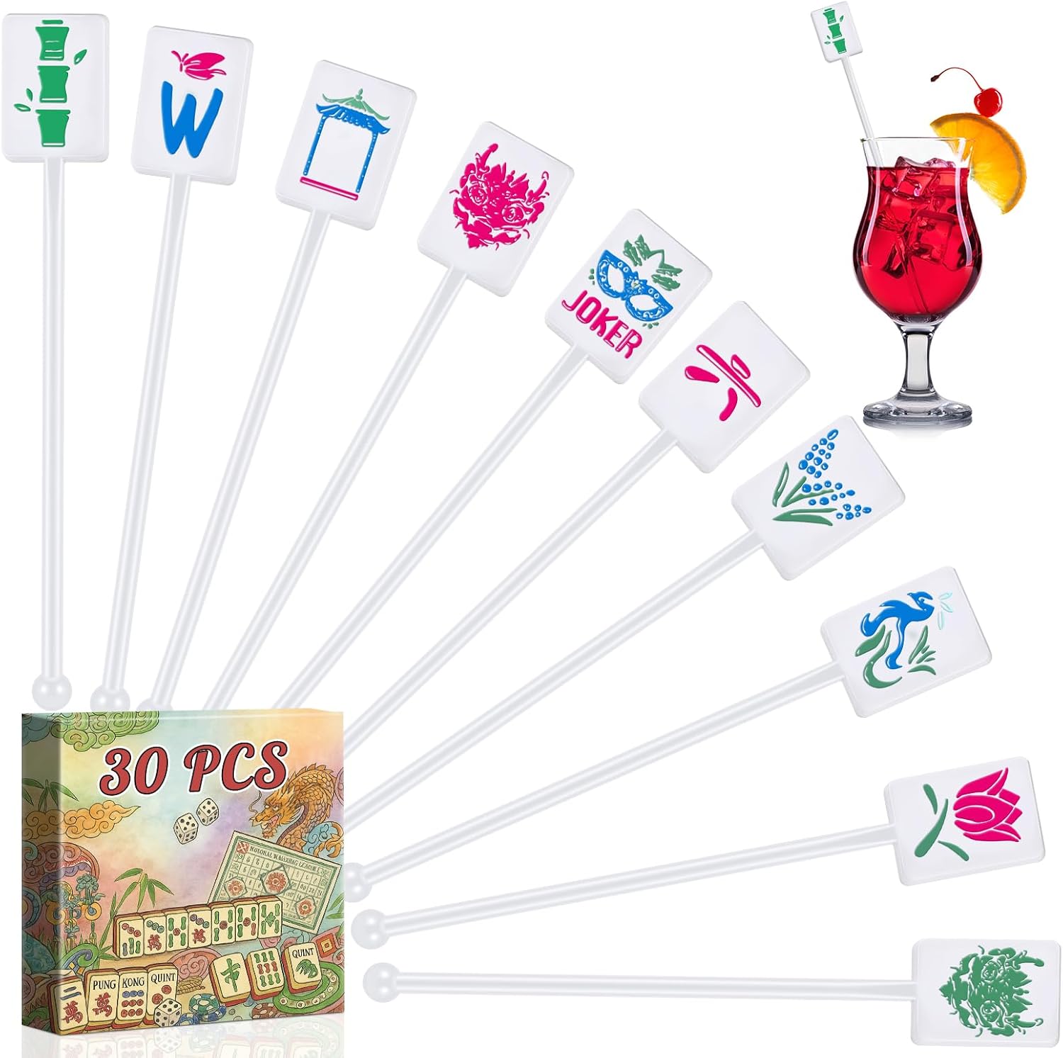Qinyoung 30 Pcs Mahjong Drink Stirrers 6 Inch Plastic Coffee Stirrers