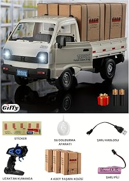 Giffy/Uzaktan Kumandalı RC Kamyonet,Yük Taşıma Aracı,Sesli,Işıklı,Şarjlı,(Pil Hediyeli),2.4 Ghz Araç, Koli Taşıyabilen Nakliye Kamyoneti (Beyaz)