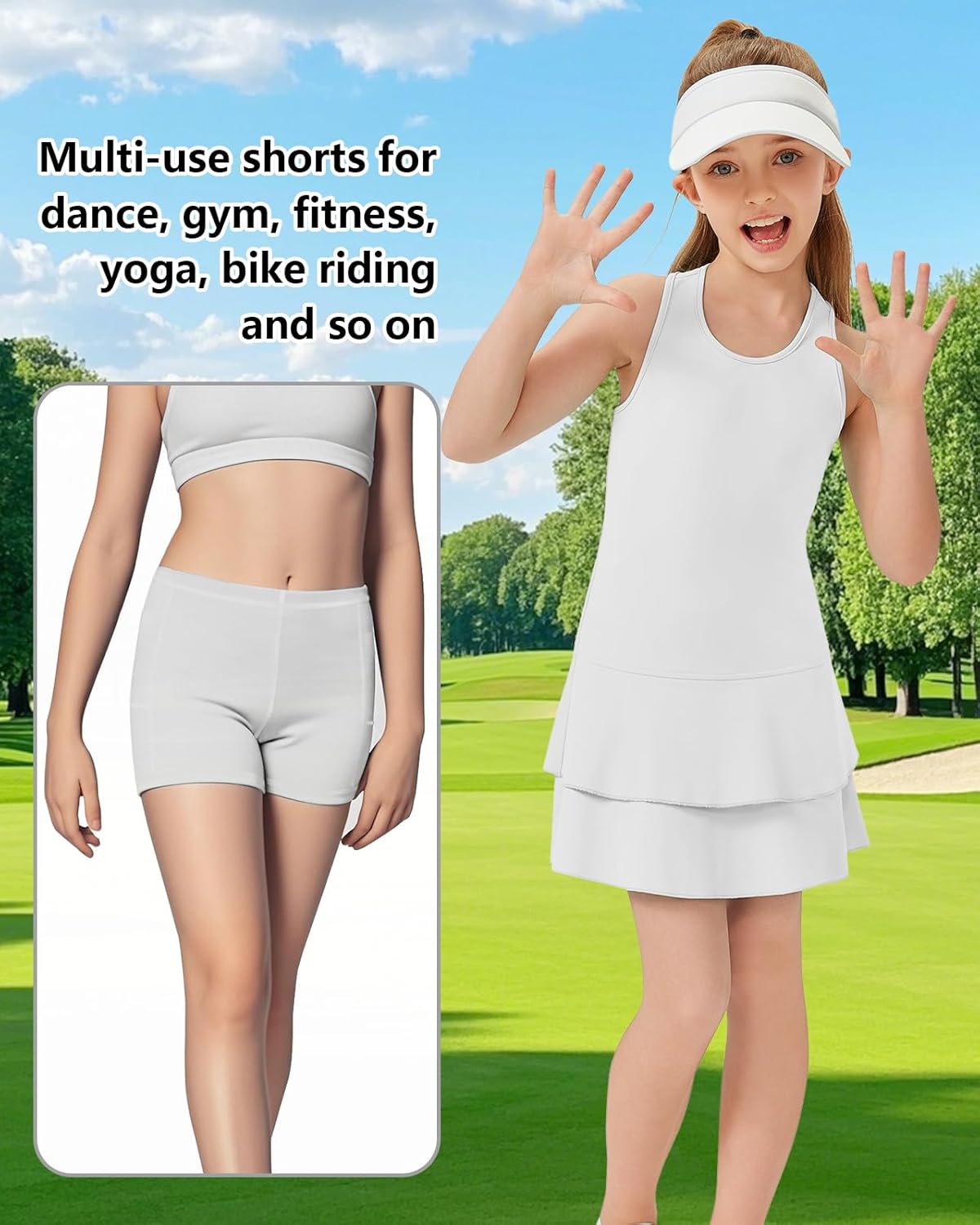 Soneven Girls Golf Dress Sleeveless Racerback Athletic Dress School Sports Dresses Outfit with Shorts Pockets