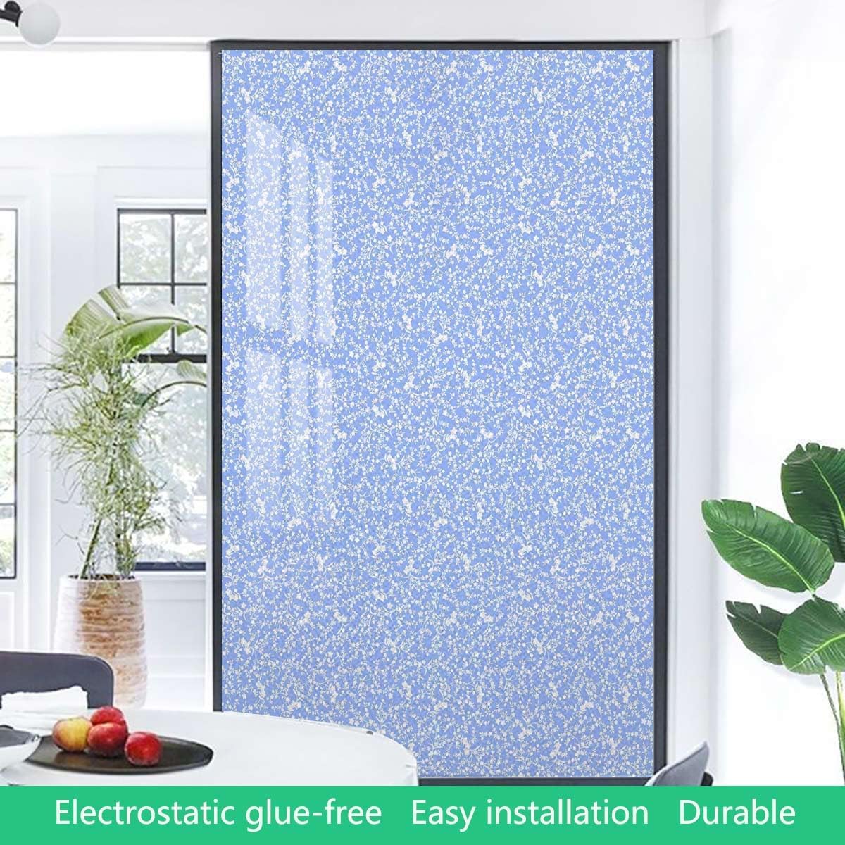 Blue White Window Film No Glue Privacy Glass Film Garden Flower Motif Removable Static Cling Window Film Stickers Flowers Art 31.5Wx62.9L-inch