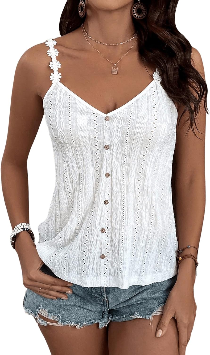 SweatyRocks Women's V Neck 3D Floral Spaghetti Strap Cami Top Sleeveless Eyelet Embroidery Tank Top - Image 5