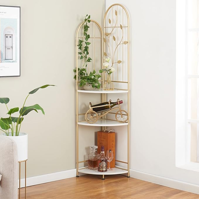 GOLASON Gold Corner Shelf with Storage, 3Tier Tall Corner Bookshelf, Distinctive