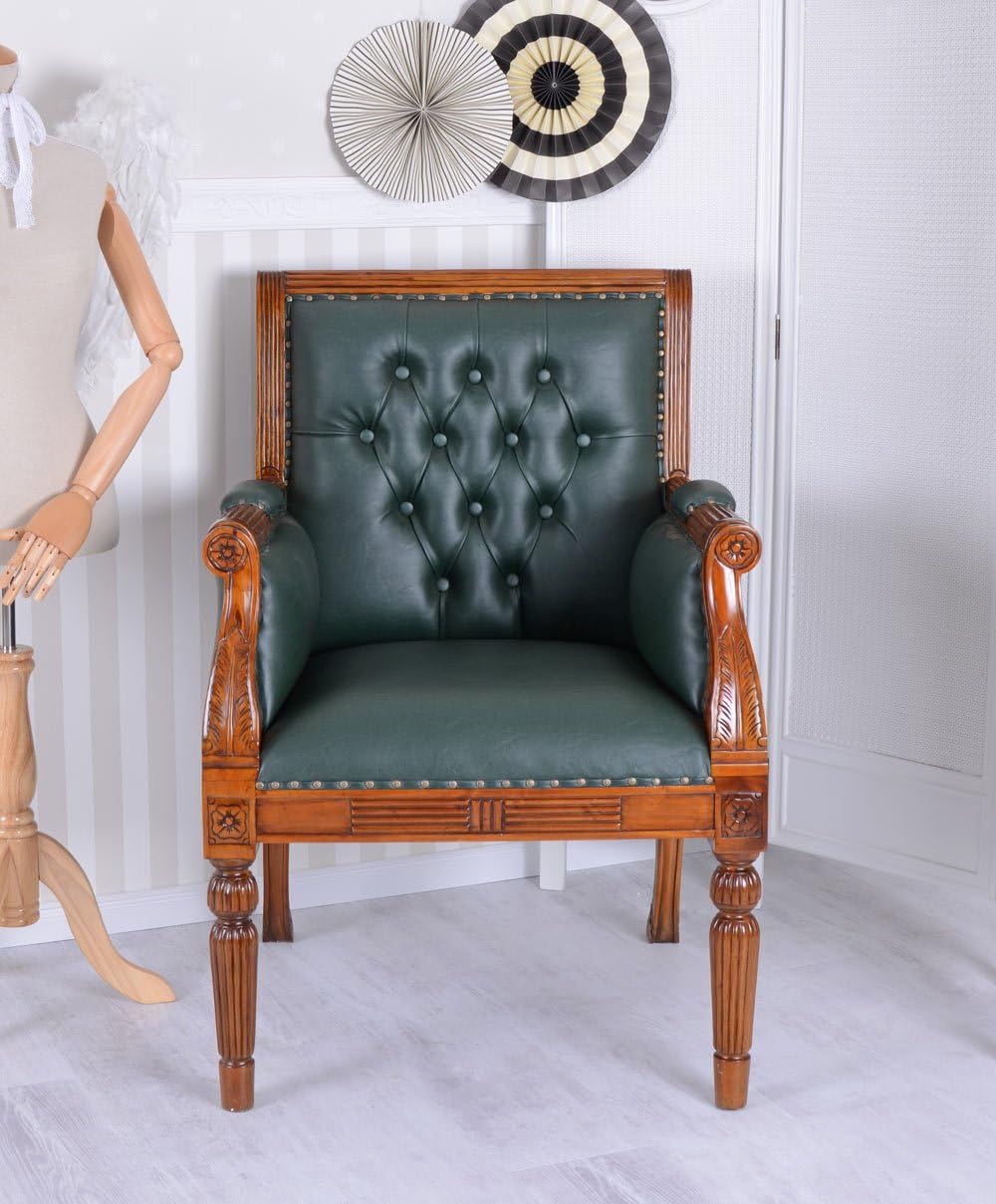 Library Chair Ledersessel Mahagoni Sessel Chesterfield Bibliotheksessel Grün gepolstert mar107 Palazzo Exklusiv