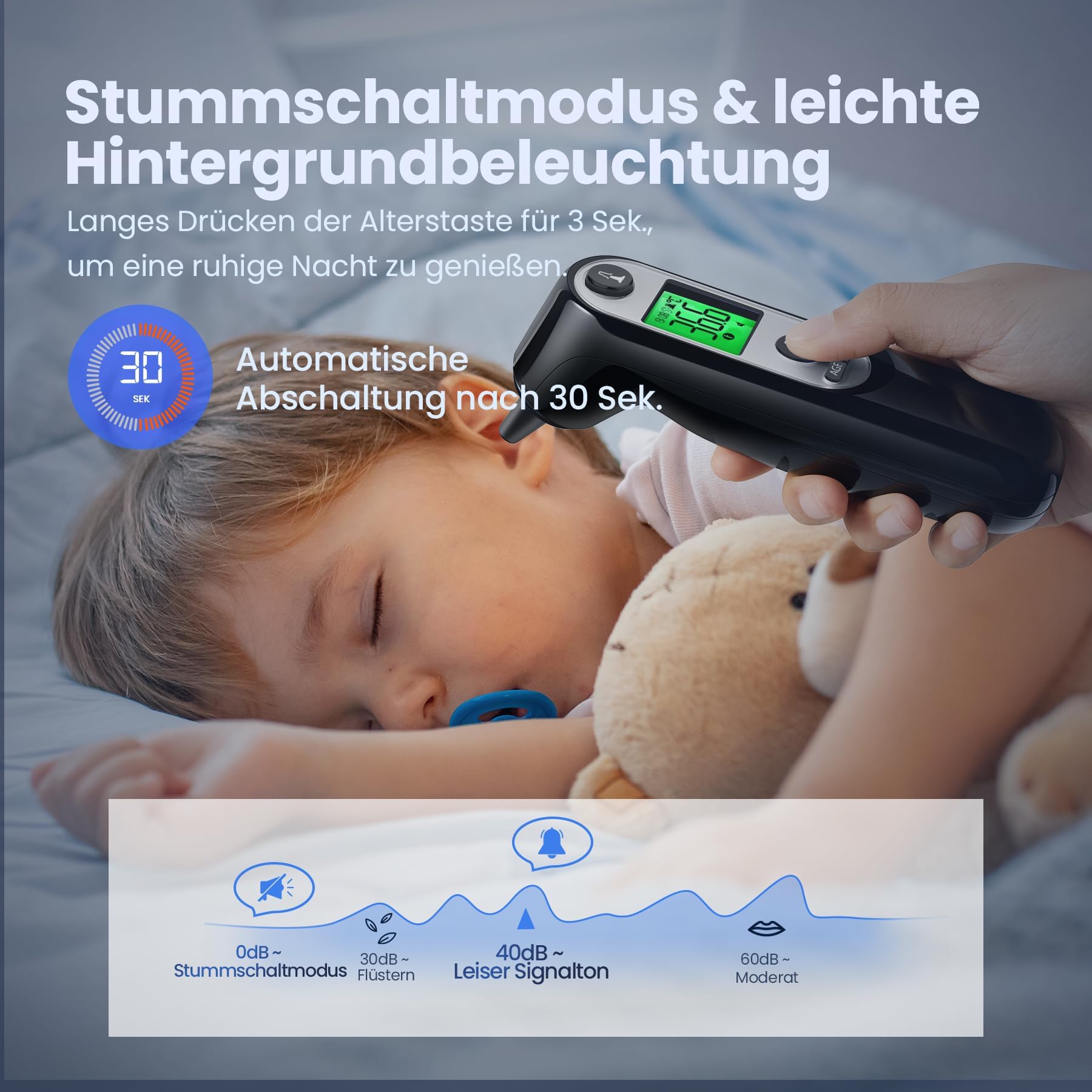 Digitales Infrarot-Ohrthermometer für Babys, Erwachsene & Senioren – Präzise Alterserkennung, farbcodiertes Display, 21x Hygienekappen, 1-Sekunden-Messung & Fieberalarm (Schwarzer)