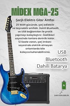 Midex GLC-40BL-AMP Elektro Gitar Seti 25 WATT Şarjlı BT Amfi Kulaklık ve Full SET