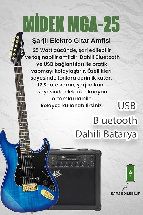 Midex GLC-40BL-AMP Elektro Gitar Seti 25 WATT Şarjlı BT Amfi Kulaklık ve Full SET