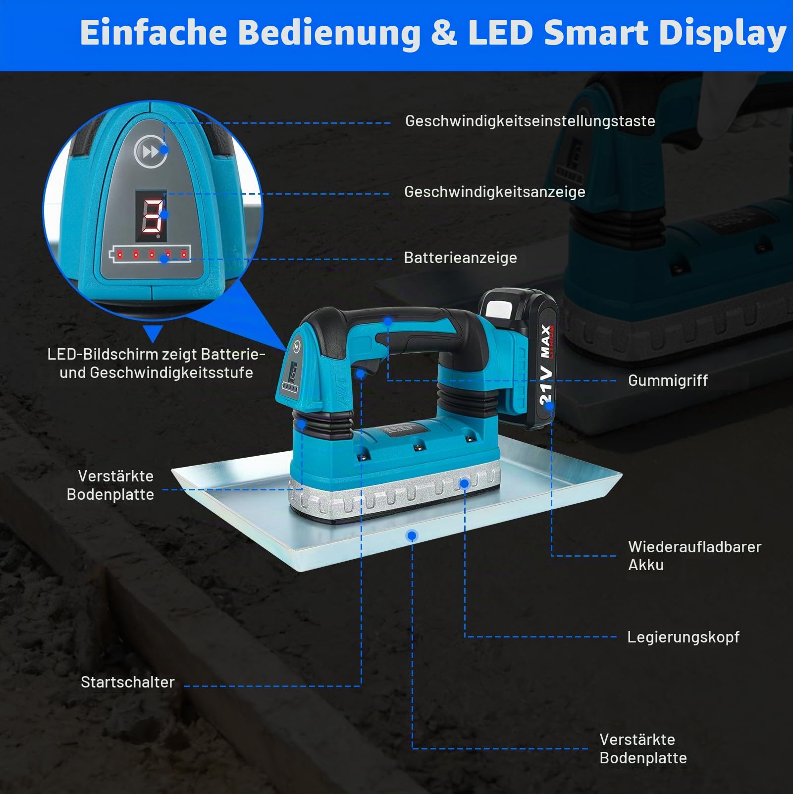 150W Akku Rüttelplatte, Elektrischer Handstampfer mit 2 Akkus, 6 Stufen