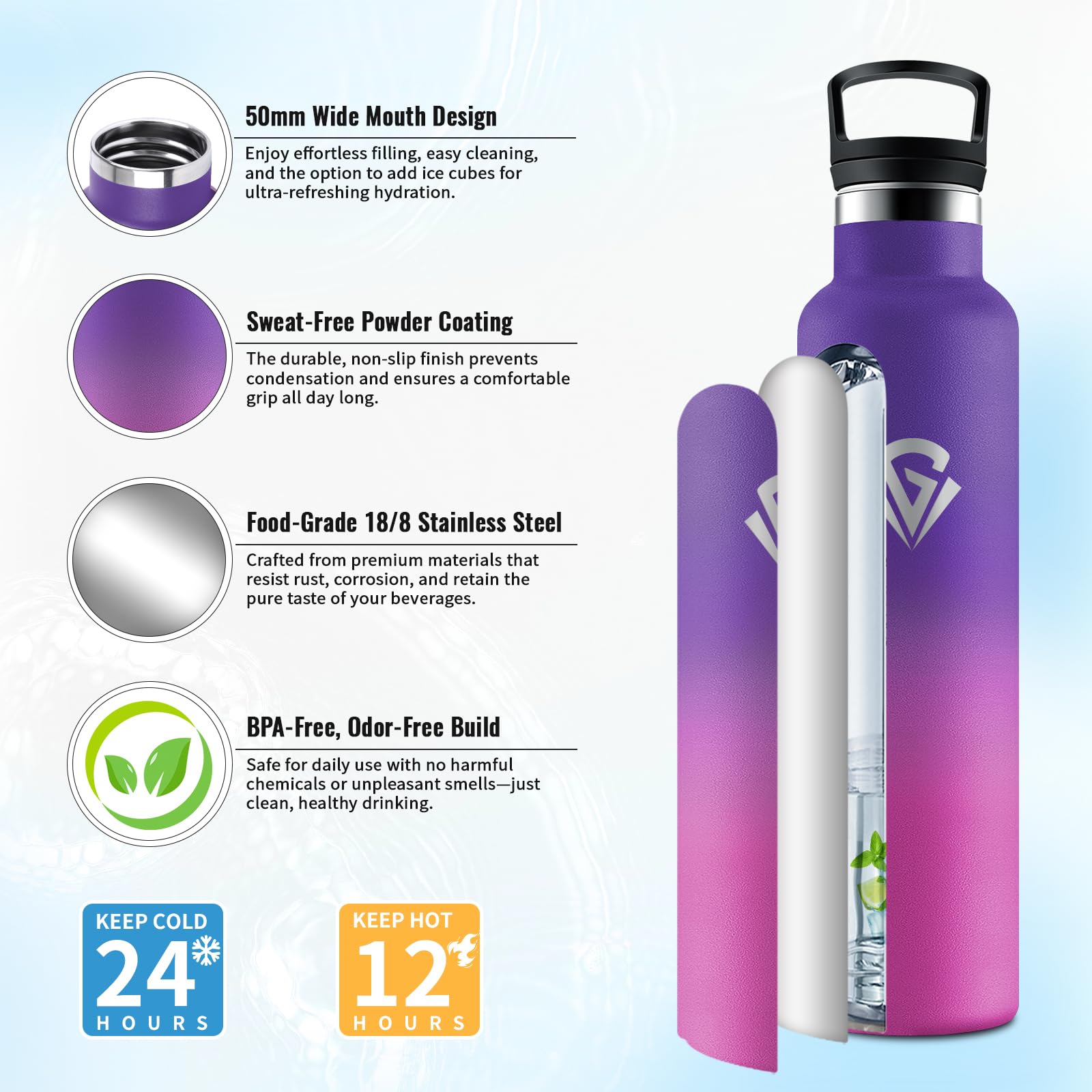 Borraccia Termica 1L, Bottiglia Termica a Prova di Perdite, senza BPA, Riutilizzabile, Facile Pulizia, Borraccia Acciaio Inox con Cannuccia, Termos per Adulto, Campeggio, Ciclismo, Viaggio, Yoga