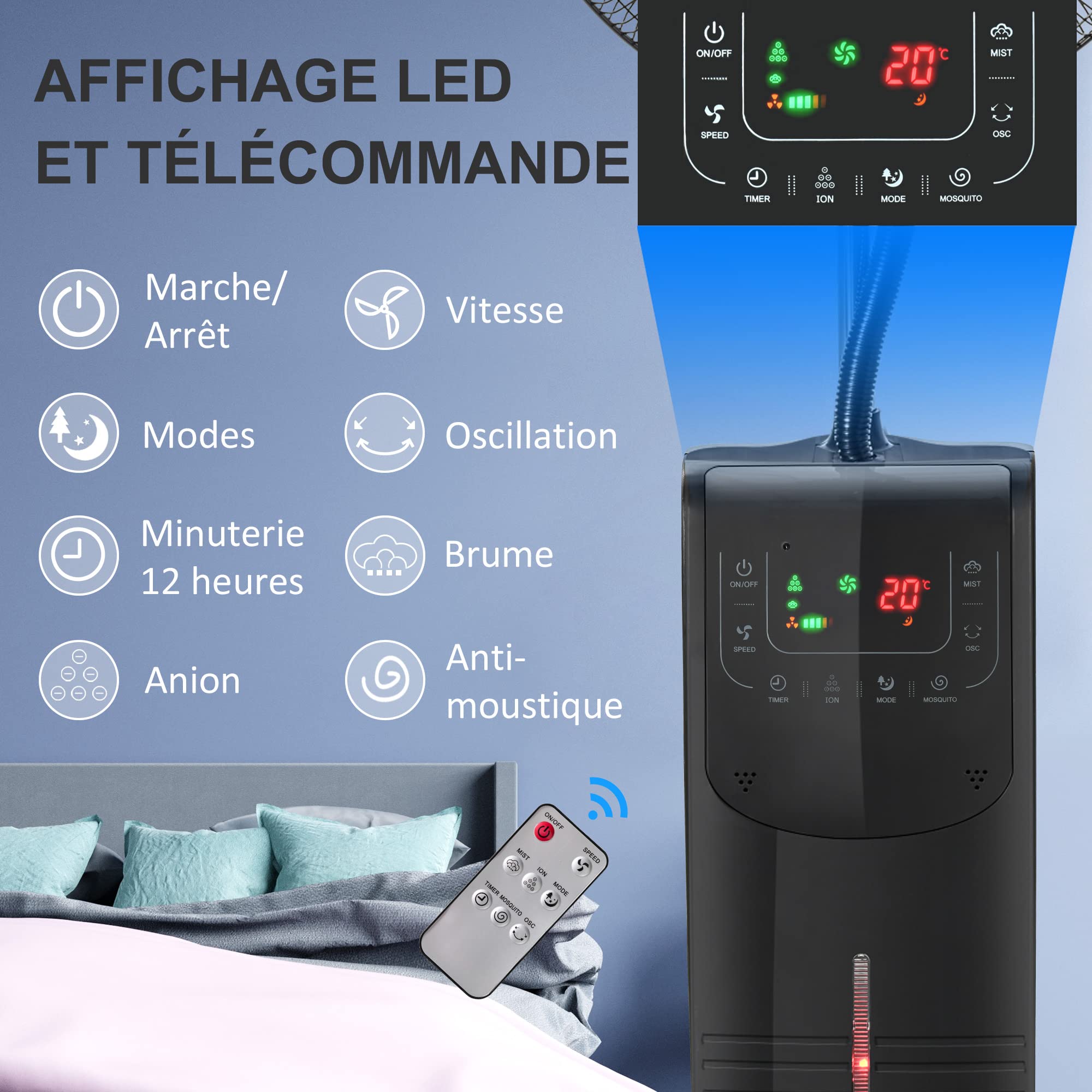 HOMCOM Ventilateur brumisateur silencieux 90 W sur roulettes 135 cm noir | 3 Modes 3 Vitesses, Télécommande, Minuterie 12H, Oscillation à 70°, Écran LCD