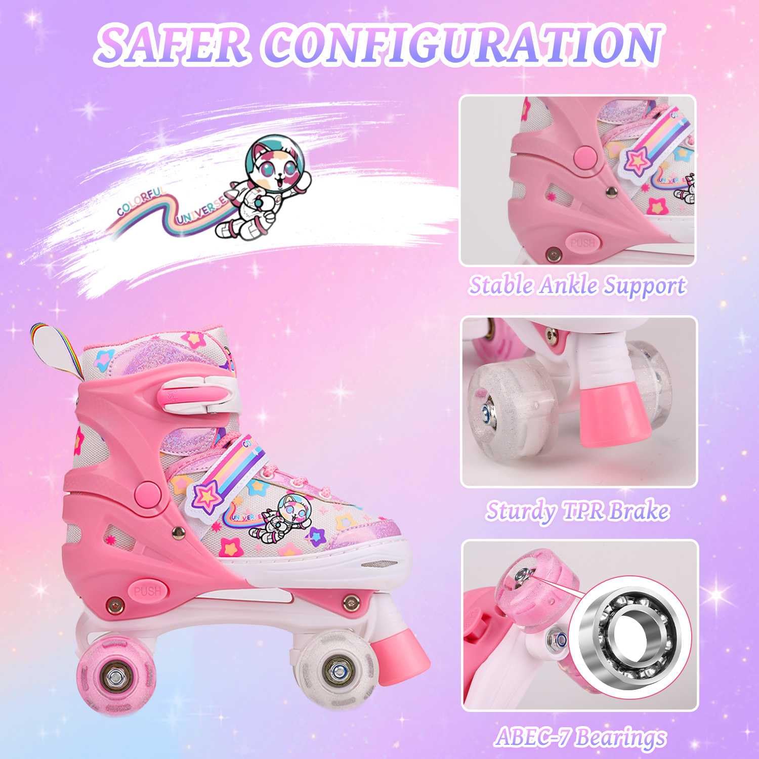 Roller Enfant Fille, Patin a Roulette Fille Enfant, Roues Lumineuses, Rollers pour Enfants 4 Taille Réglable pour débutants, Rollers Quad pour Filles et garçons