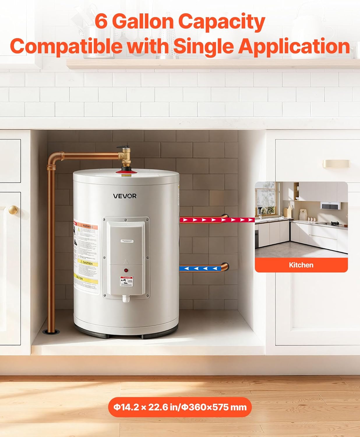 VEVOR Electric Tank Water Heater, 6 Gallon, 1600W Point-of-Use Hot Water Heater with LED Display, Knob Control, Top Outlet, 120V Storage Design with T&P Valve for Studio Apartments, RVs, Gray