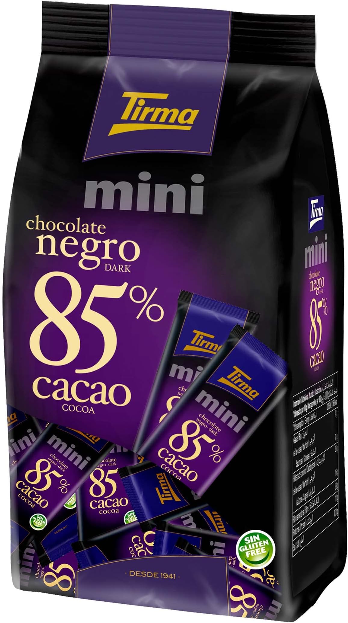Tirma 85% Cocoa Dark Chocolate in Mini Format | Gluten Free Chocolate | Mini Dark Chocolate Bars | Dark Chocolate Candy Bars | Single Size Chocolate | 18 Units, 180 g Total