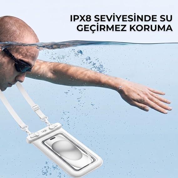 LinkTech Suda Batmayan Su Geçirmez Telefon Kılıfı | IPX8 Sertifikalı 30 Metre Dayanıklı Havuz ve Deniz Kılıfı | Çift Askılı, Dokunmatik Ekran Destekli Floating Telefon Çantası (Beyaz)