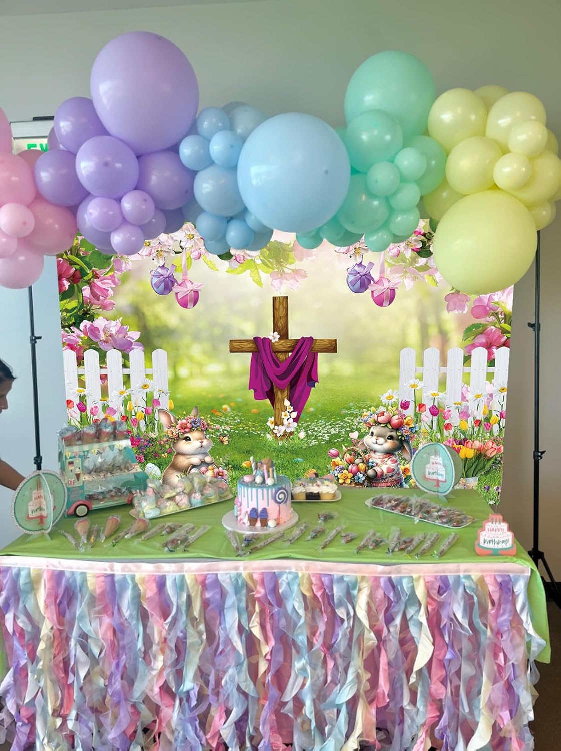 Happy Easter Backdrop Garden Easter Religious Jesus Corss Christian Eggs Bunny Floral Potography Background Spring Baby Showers Children Birthday Home Garden Party Decorations (7x5FT)