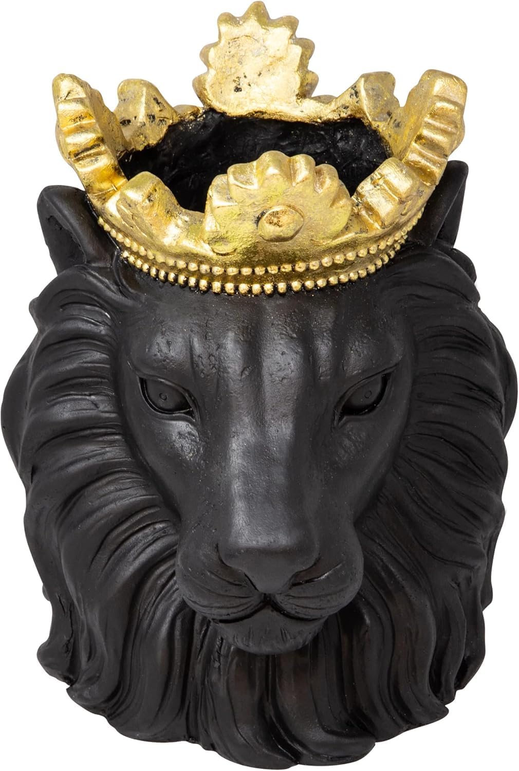 Lion Head Decorative Planter Pot with Crown – Animal Polyresin Outdoor & Indoor Plant Pot for Flowers – Contemporary Garden & Home Decor Planters – 9", Black & Gold