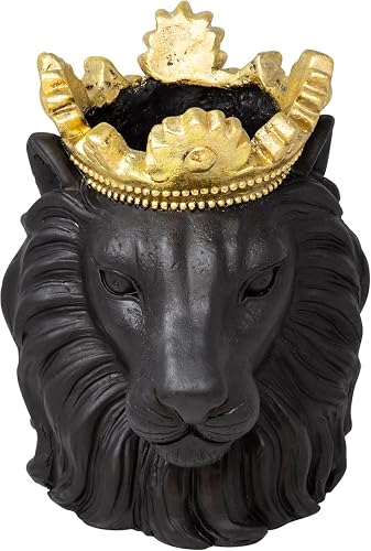 Lion Head Decorative Planter Pot with Crown – Animal Polyresin Outdoor & Indoor Plant Pot for Flowers – Contemporary Garden & Home Decor Planters – 9", Black & Gold