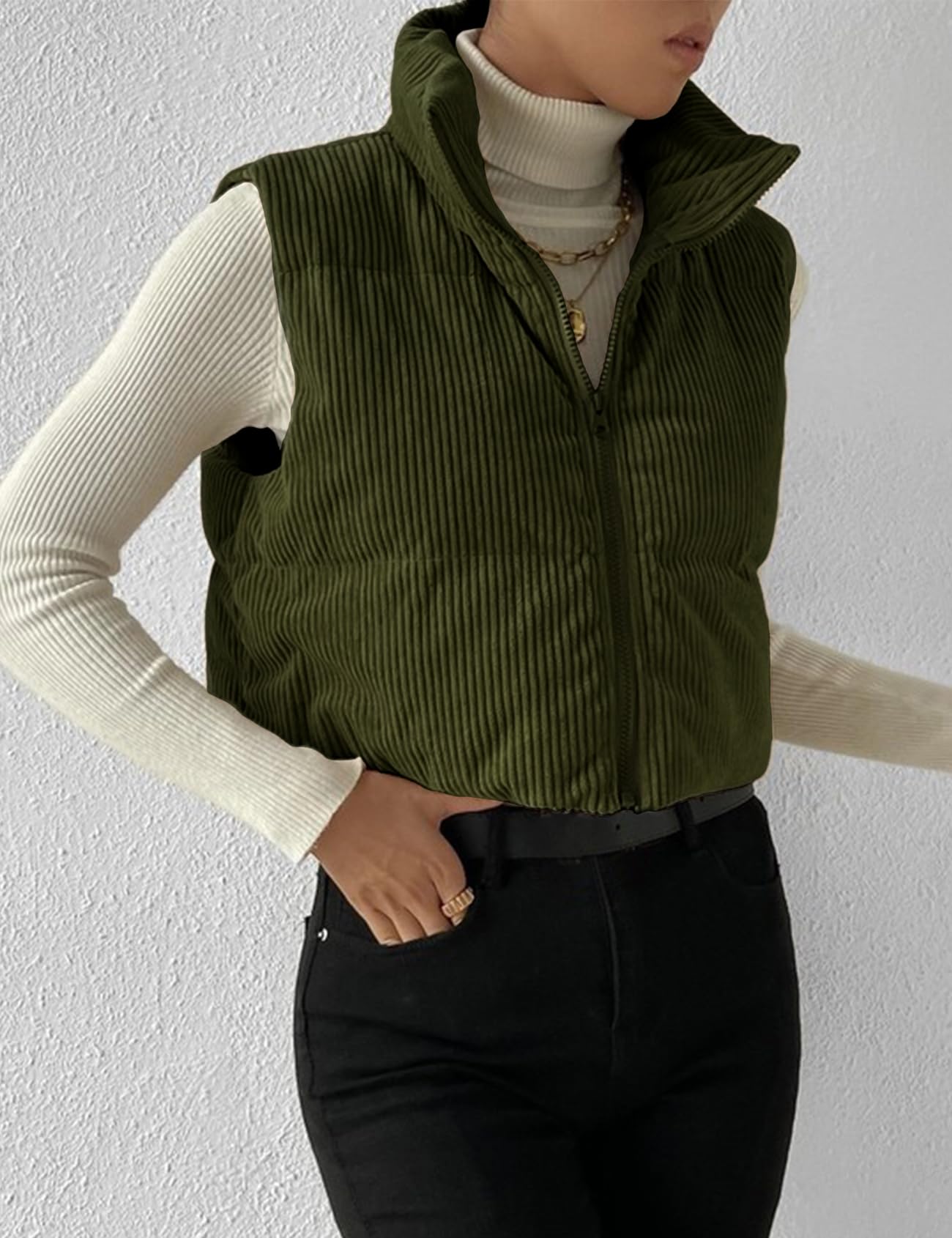 Gihuo Damen Cord-Puffer-Weste Cropped-Stehkragen Reißverschluss Weste Gesteppte Ärmellose Jacken Weste