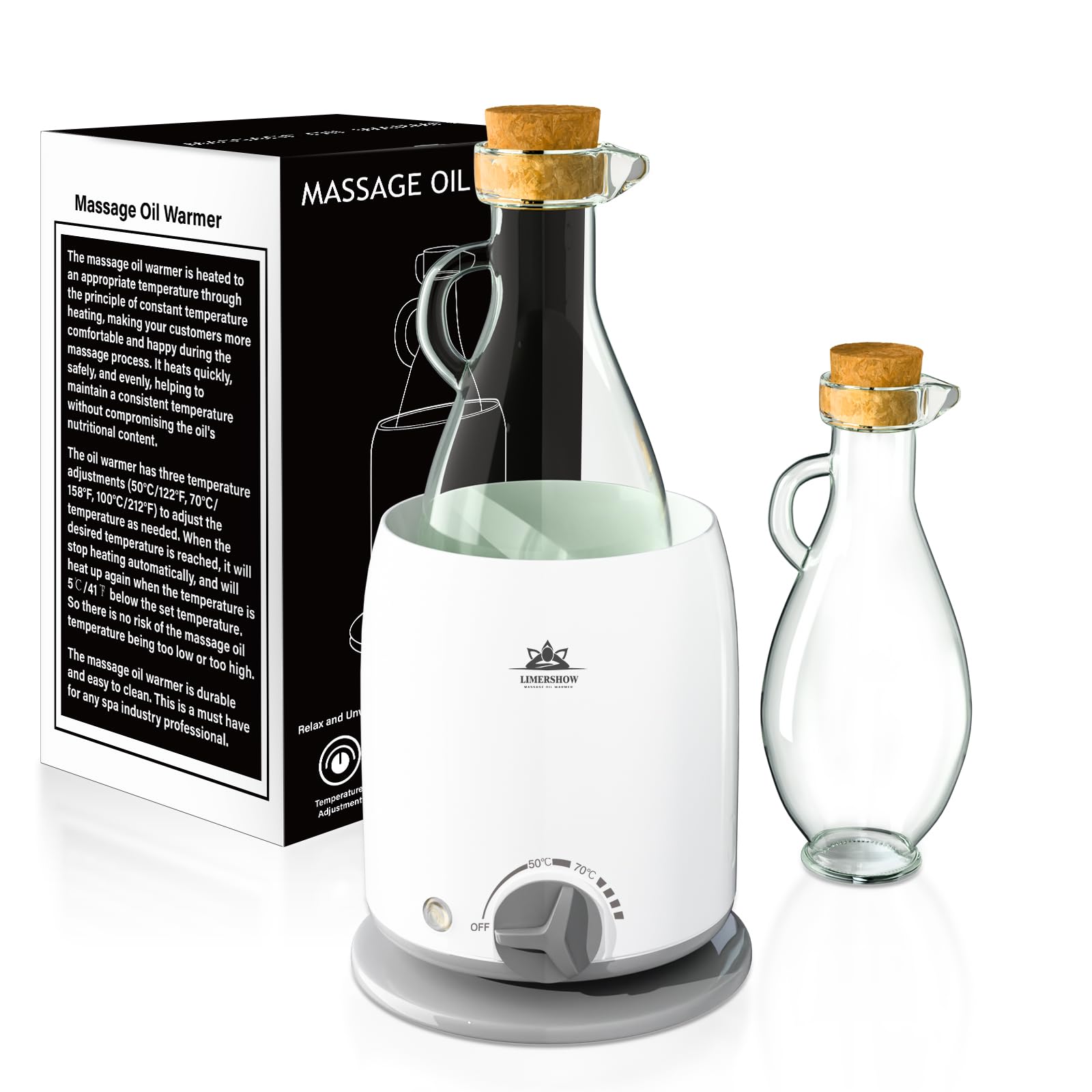 Olio da massaggio, scalda olio da massaggio, scalda con caraffa in vetro, riscaldamento rapido per 5 minuti, relax grazie al piacevole massaggio caldo
